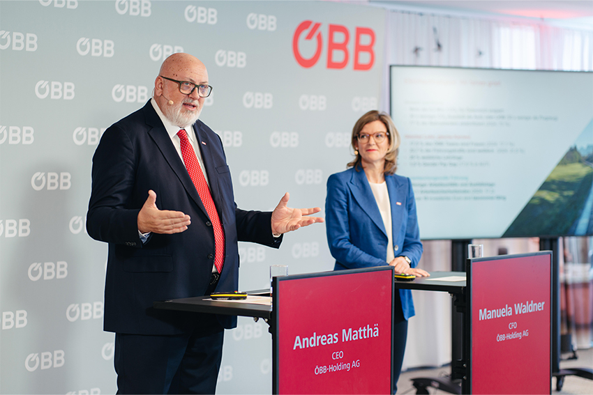 CEO Andreas Matthä and CFO Manuela Waldner presenting 2025 results at the ÖBB Annual Results Conference.