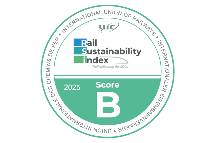 UIC Rail Sustainability Index 2025 Siegel mit Bewertung B für nachhaltige Leistung im Bahnsektor