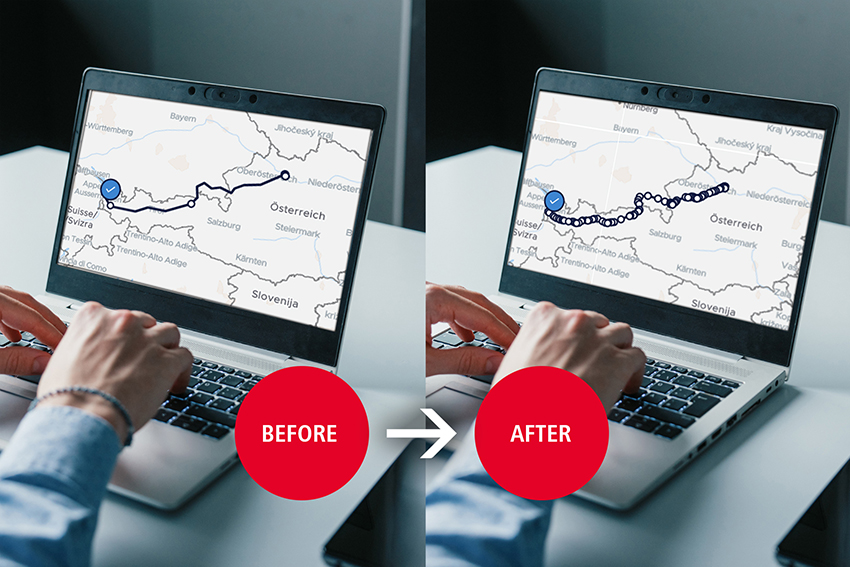 MIKE Tracking showing a train route with previous and updated movement data visualization.