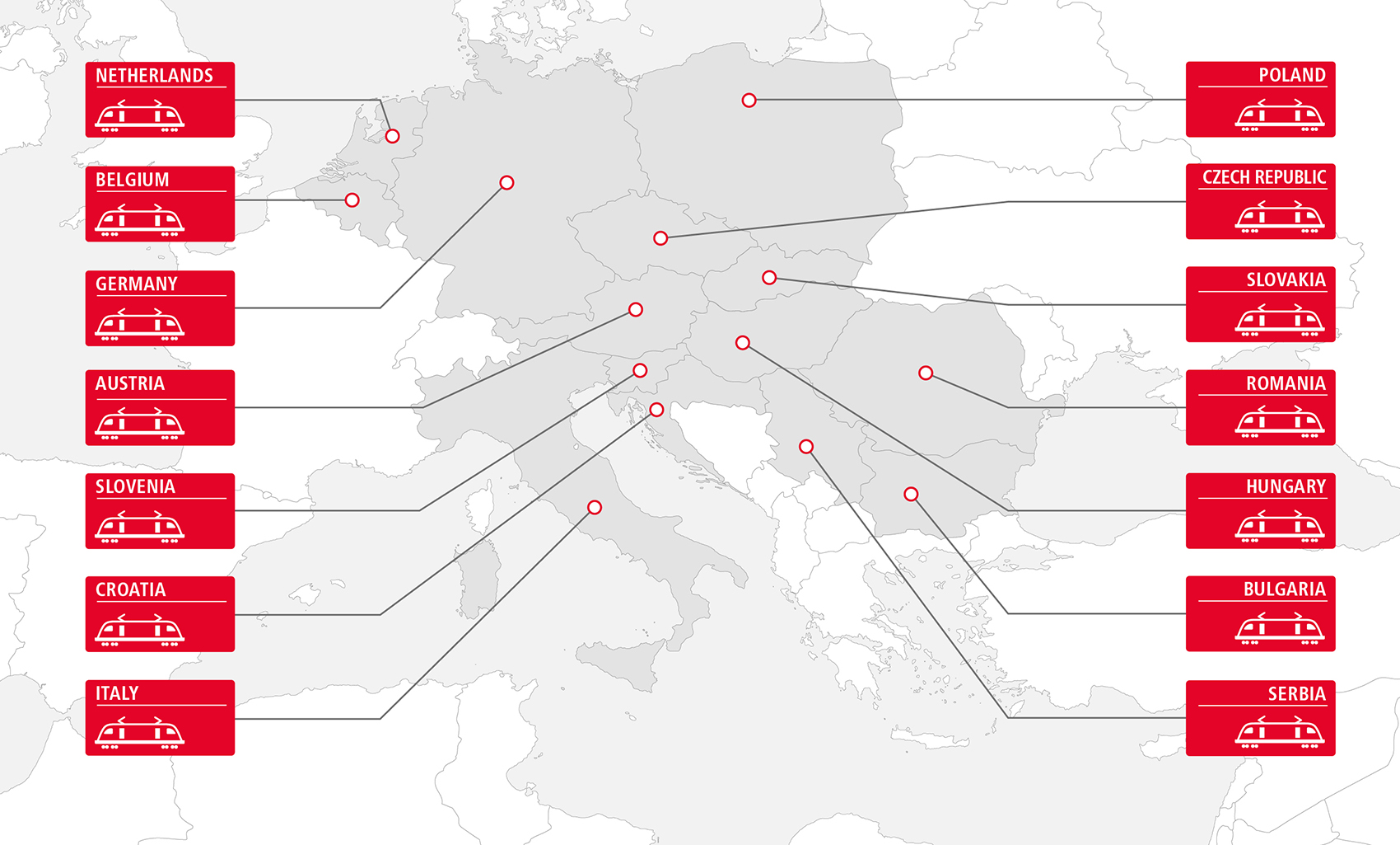 Map showing Rail Cargo Group's own traction network in 13 European countries in English.