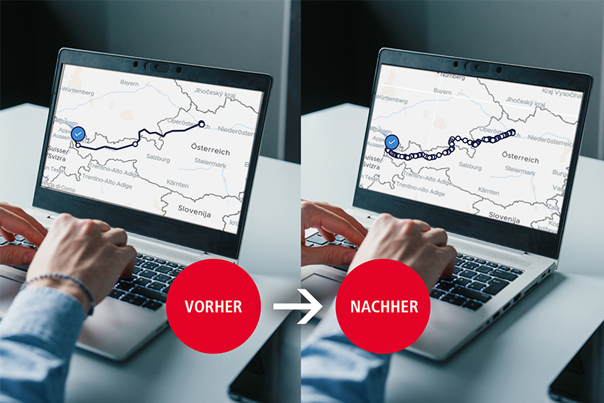 MIKE Tracking zeigt die bisherige und die neue Darstellung von Zugbewegungen auf einer Karte.