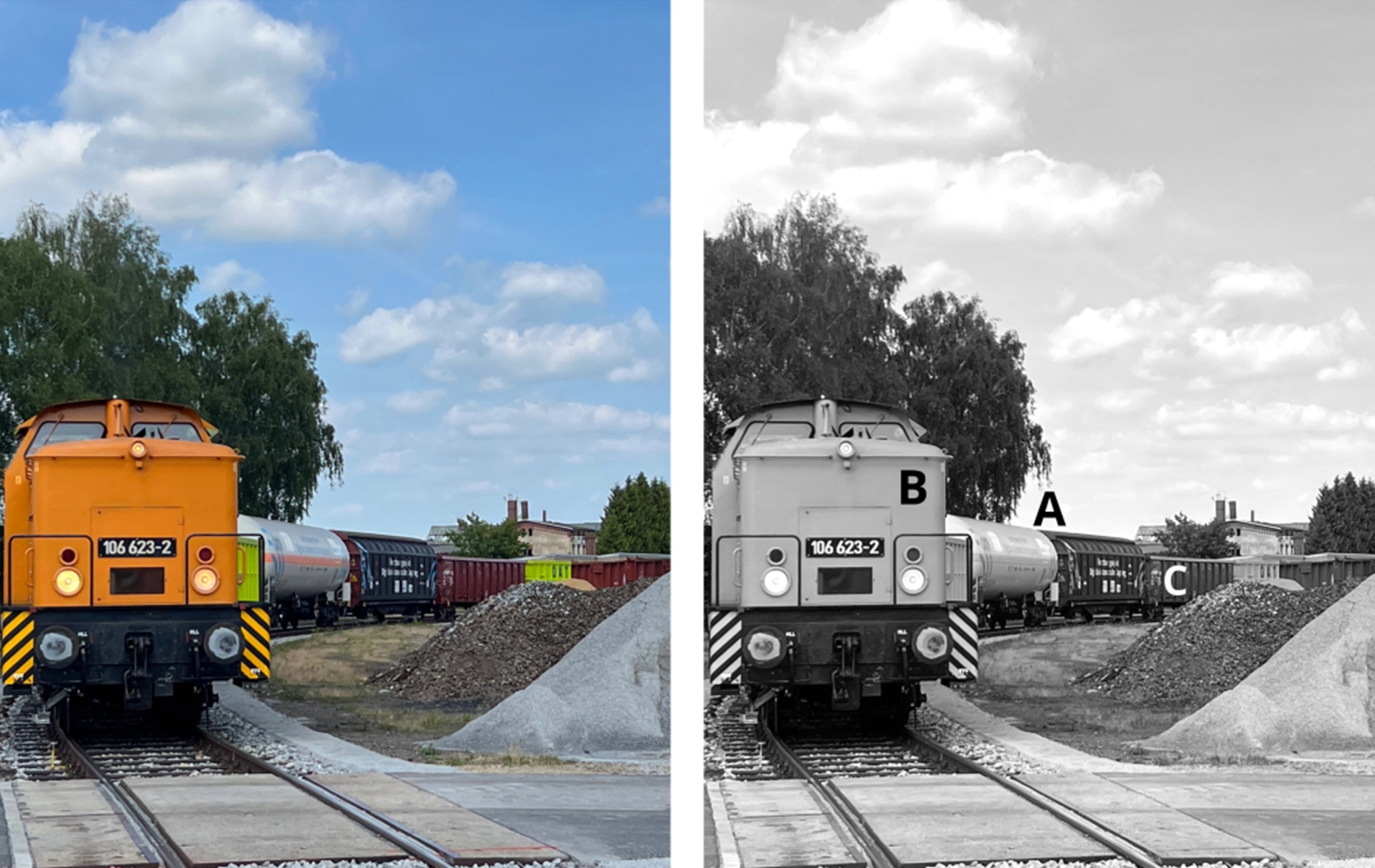 Aufbau des Entgleisungstests mit schiebender Lokomotive, Kupplungsstelle und beladenem Güterwagen.